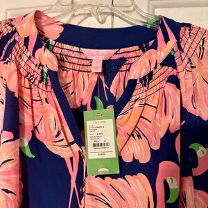 Lilly Pulitzer Pink Flamingo Blouse on Blue